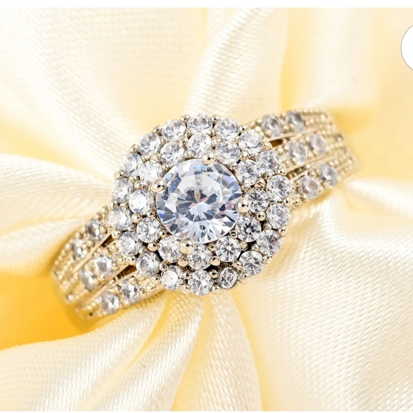 Simulated Diamond Double Halo Ring in Silvertone - Picture 2 of 3